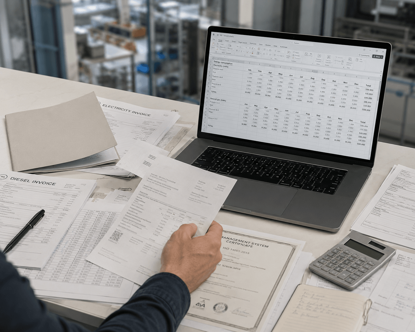 Scope 1 and Scope 2 data being prepared from invoices and spreadsheets