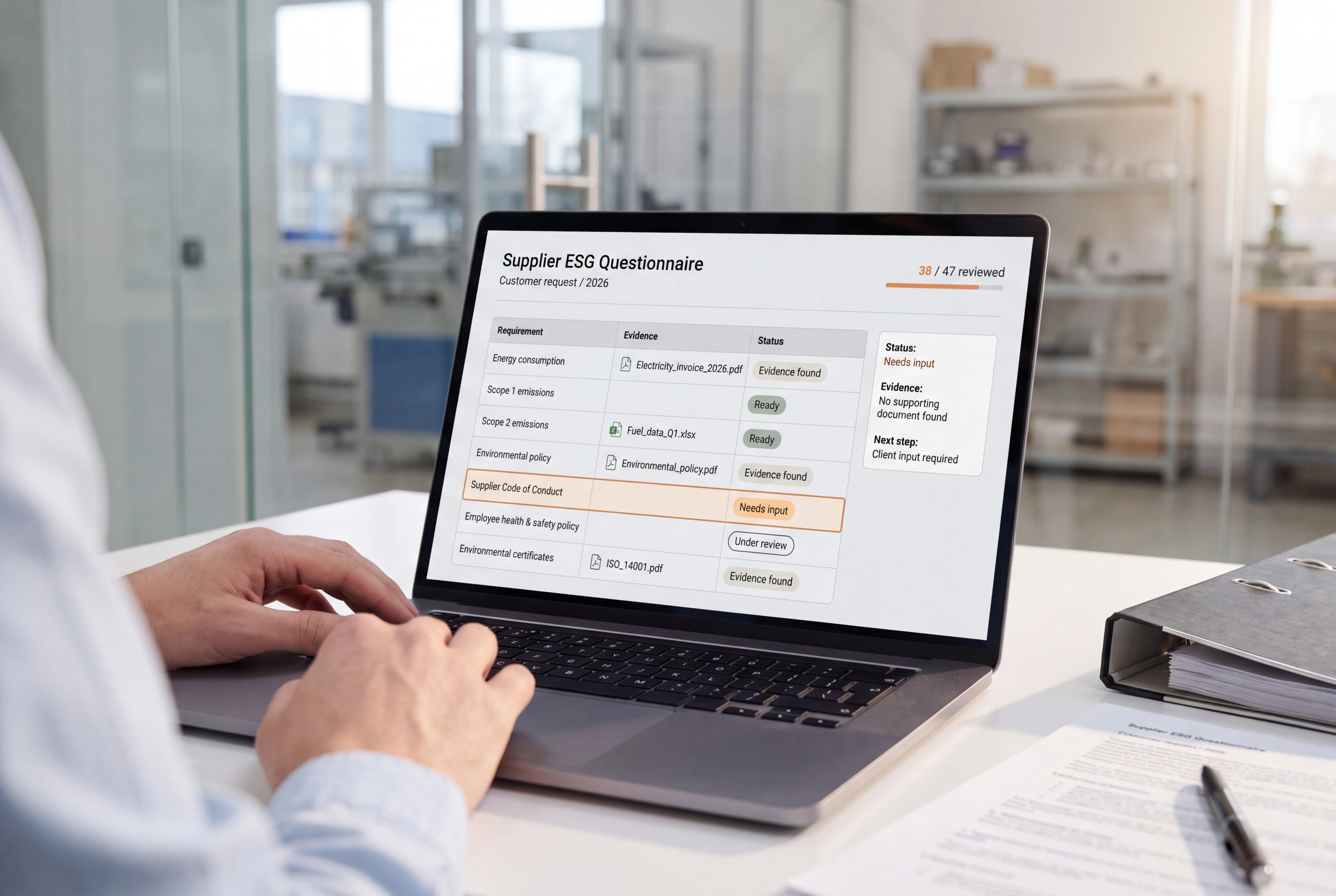 Customer ESG questionnaire being reviewed with evidence status
